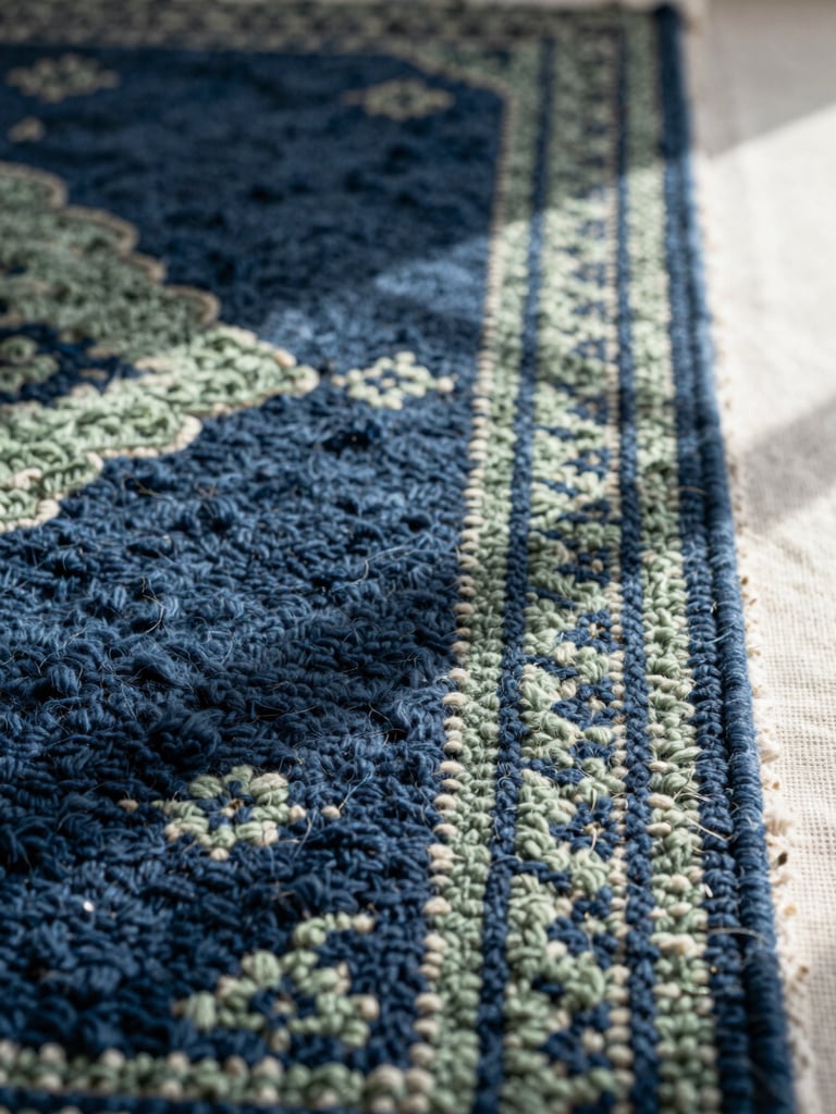Extreme close-up of dense Persian rug pile from the right side of frame, hand-knotted wool fibers in deep slate blue and muted sage green, soft north-facing window light raking across the texture, shallow depth of field, right edge bleeding to canvas boundary