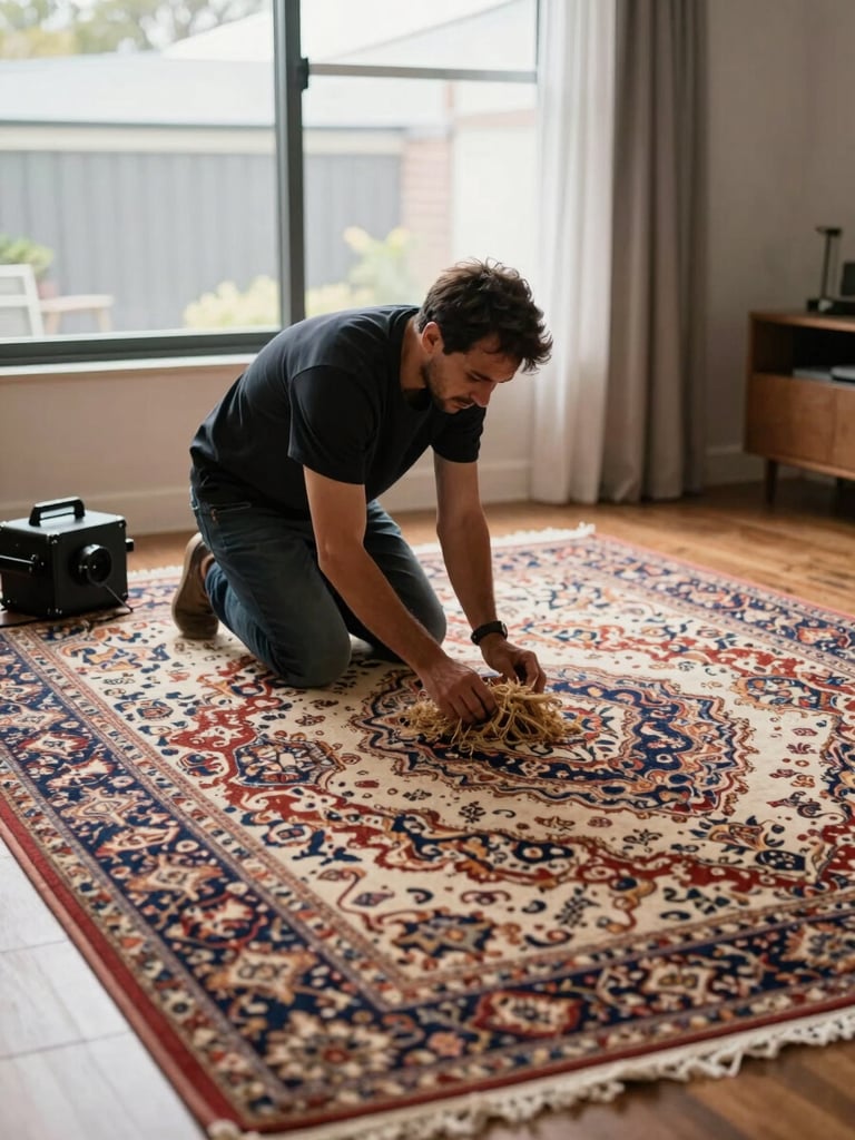 Medium environmental shot of a restorer kneeling beside a large Persian rug in a Sydney home interior, portable equipment visible to the side, soft north-facing window light illuminating the rug surface, restorer examining the pile at close range