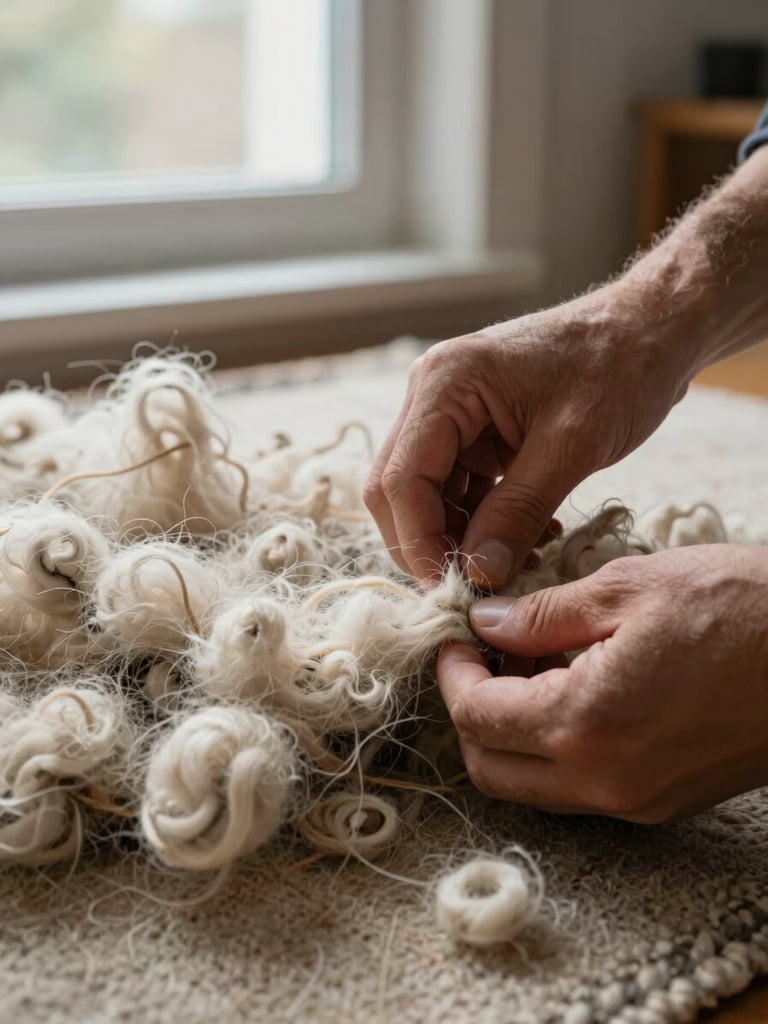 Close-up of a restorer's hands carefully inspecting dense wool rug pile under soft north-facing window light, fingertips parting fibers to reveal color depth, neutral home interior background