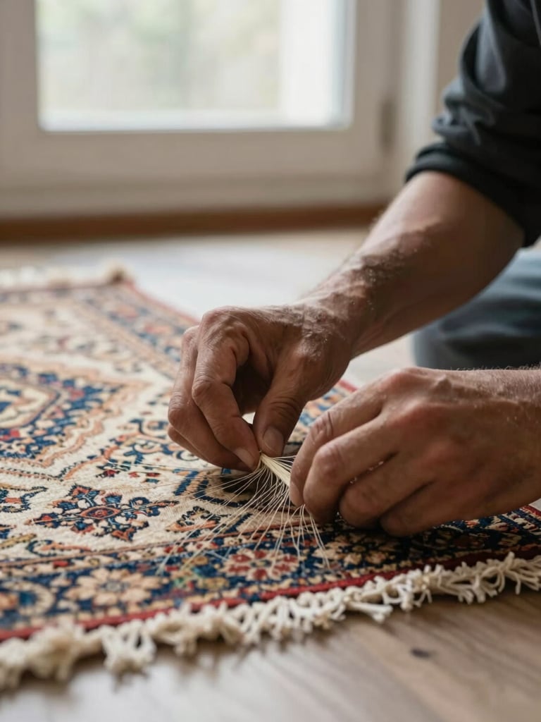 Close-up of a restorer's hands repairing fringe on an antique rug, fine thread work visible, soft diffused daylight from a home window, neutral floor surface beneath, precise hand positioning in focus