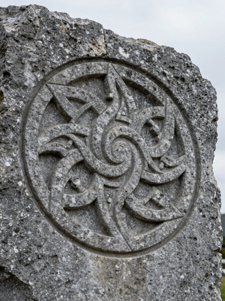 Close-up of a Celtic triskelion carved deep into weathered grey stone, soft diffused overcast daylight raking across the surface to reveal the texture, no hands, no figure, the symbol filling most of the frame with rough stone edges visible at the periphery