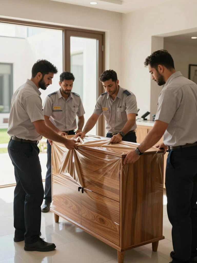 Medium shot of Al Sarita moving team in uniform carefully wrapping a wooden cabinet with heavy-duty protective film inside a bright Abu Dhabi villa.