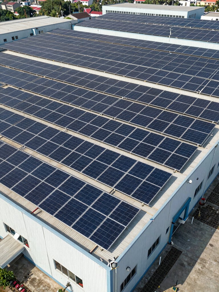 Wide-angle drone photograph of a massive, perfectly aligned coplanar rooftop solar array on an industrial building in Chakan, bright midday sun, high-contrast shadows.