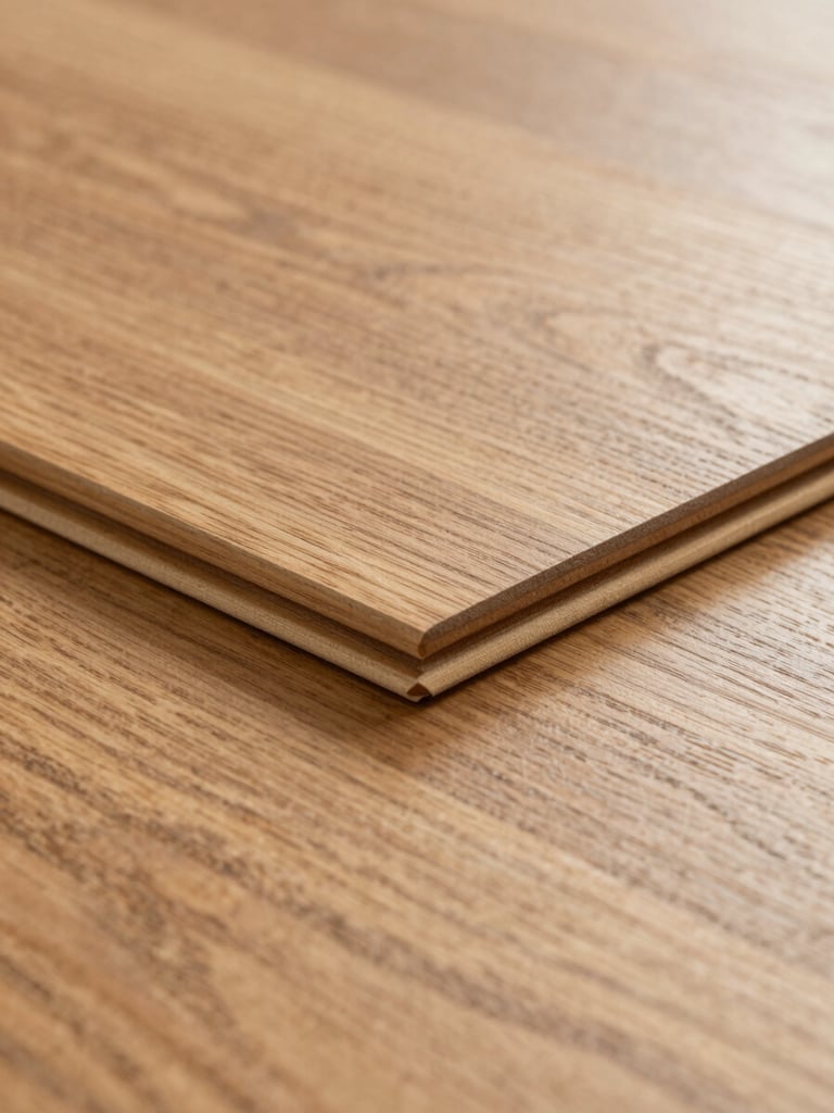 Extreme close-up of hardwood flooring planks showing fine grain texture and satin finish edge detail, clean north-facing daylight, product photography style, no labels or text