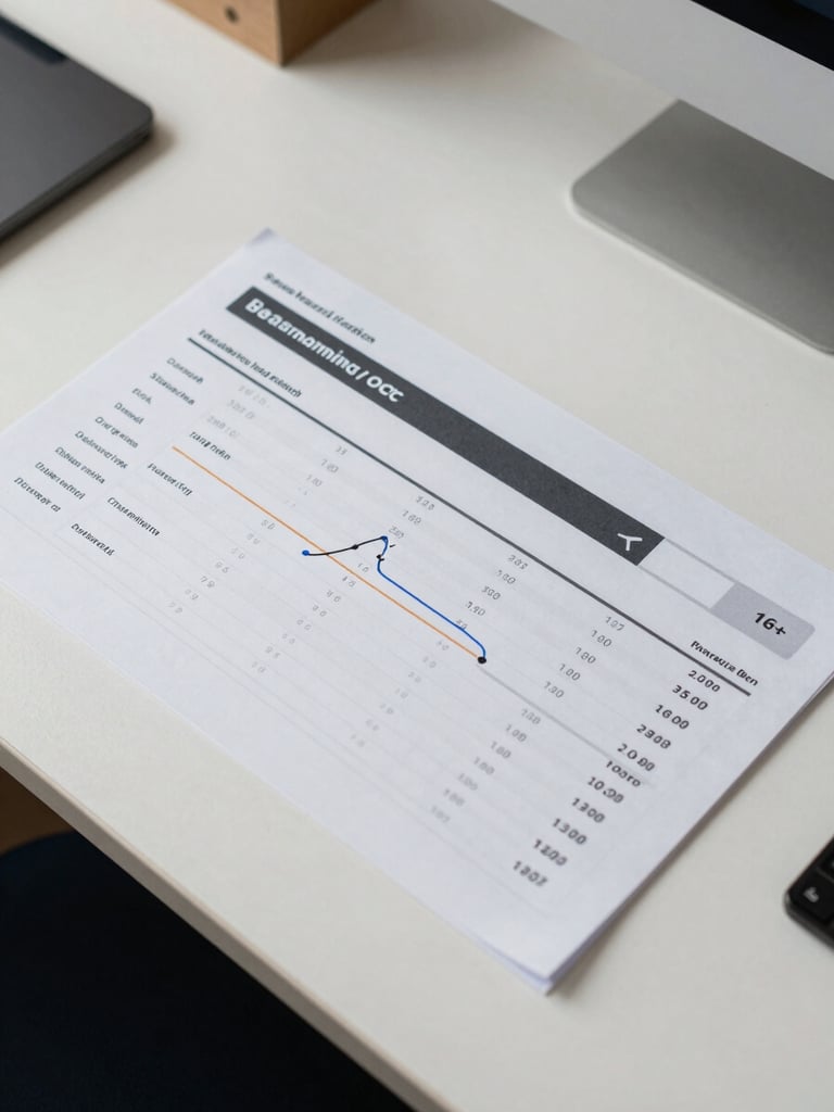 Structured overhead view of a metrics dashboard printout showing search ranking positions and lead volume figures on a clean desk, north-facing daylight, informational and data-forward, no decorative elements