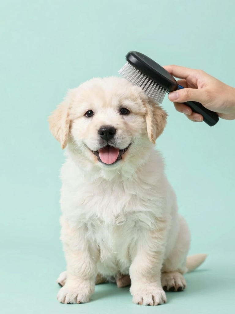 A happy adopted puppy being gently brushed by a groomer, soft high-key lighting, clean pastel mint background, joyful and clean atmosphere