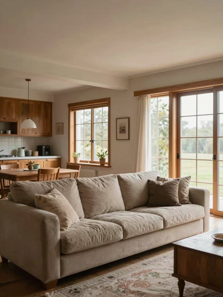 Wide environmental shot of a completed living room interior — sofa with cushions, dining area visible in background, natural north-facing daylight through large windows, warm neutral walls, finished joinery details, inhabited and lived-in feel, no staging