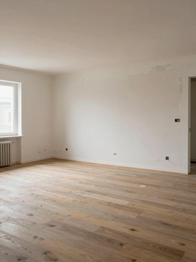 Before state of a living room renovation: bare walls with old paint, mismatched furniture pushed aside, overcast daylight revealing unfinished floor, wide environmental shot showing full room