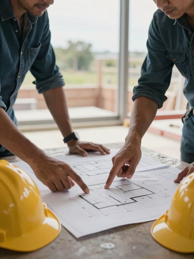 Two team members reviewing architectural plans spread on a construction-site table, hands pointing at details, hard hats nearby, natural overcast daylight through open frame, active working context — not posed