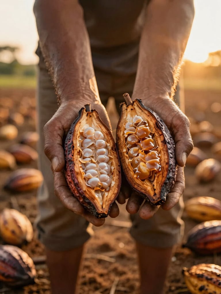 Golden-hour field close-up of a farmer's hands holding freshly split cacao pods, pulp glistening, ochre earth visible underfoot, warm backlight from the right, no face visible