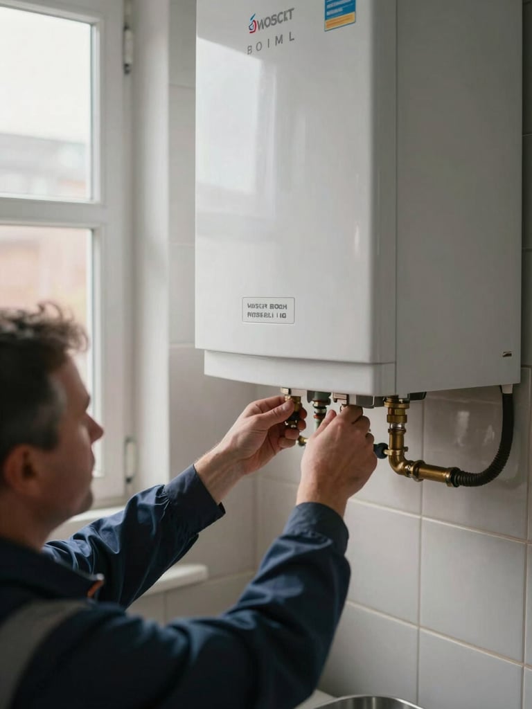 Wide environmental shot inside a real UK utility room, a technician's hands securing a Worcester Bosch boiler to a tiled wall, pipe fittings visible, natural daylight from a nearby window, matter-of-fact documentary framing
