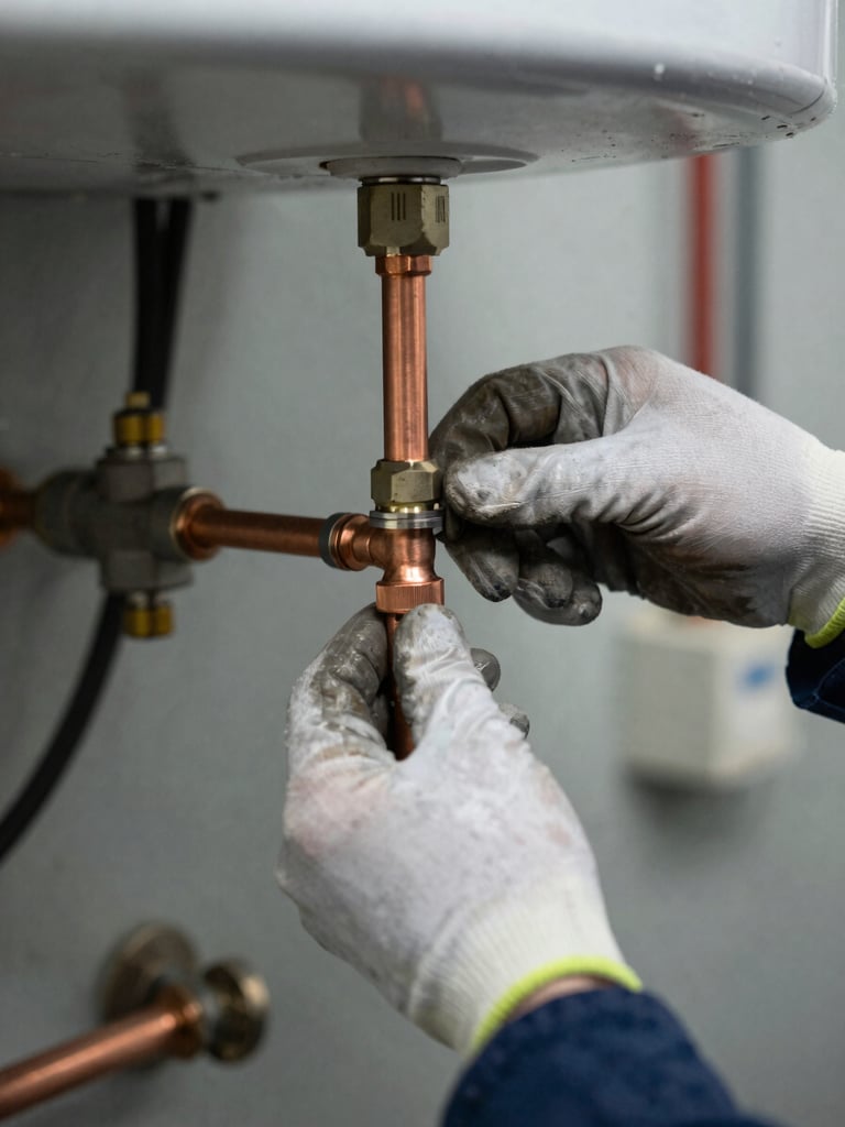Close-up documentary shot of a technician's gloved hands tightening a copper pipe fitting on a boiler installation, practical workshop lighting, real utility room background slightly out of focus
