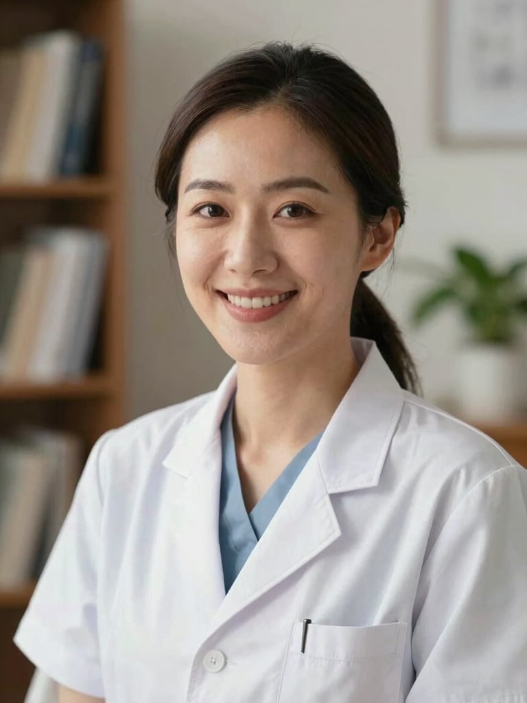 Close-up portrait of a professional female clinical nutritionist in her warm, naturally lit office, smiling warmly, soft focus background with books and plants, elegant and sophisticated atmosphere.