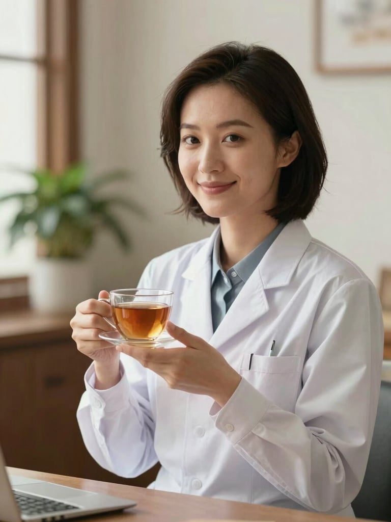 Professional portrait of a female nutritionist in a warm, naturally lit office, smiling softly, holding a cup of tea, elegant and approachable.