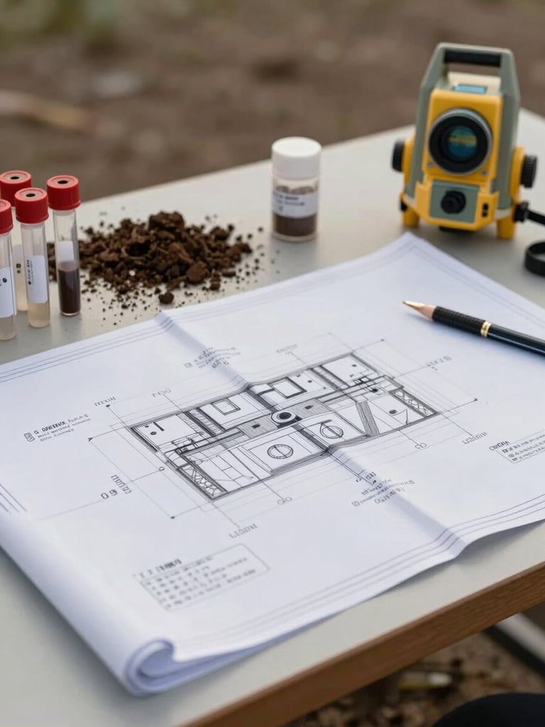 Close-up of technical blueprints laid out on a dusty field table, high contrast overcast daylight, soil testing vials and surveying equipment nearby