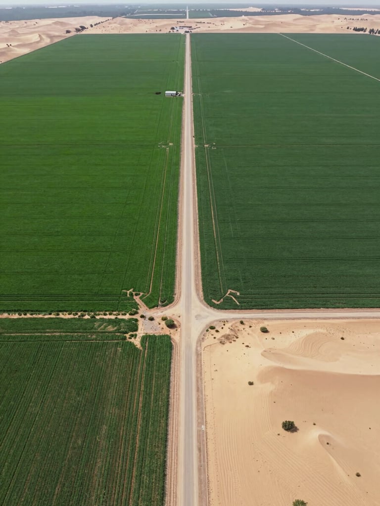 Crisp aerial drone photography of a high-capacity agricultural corridor, bright natural daylight, rich green fields meeting sandy desert borders, wide-angle lens showing precise land boundaries.