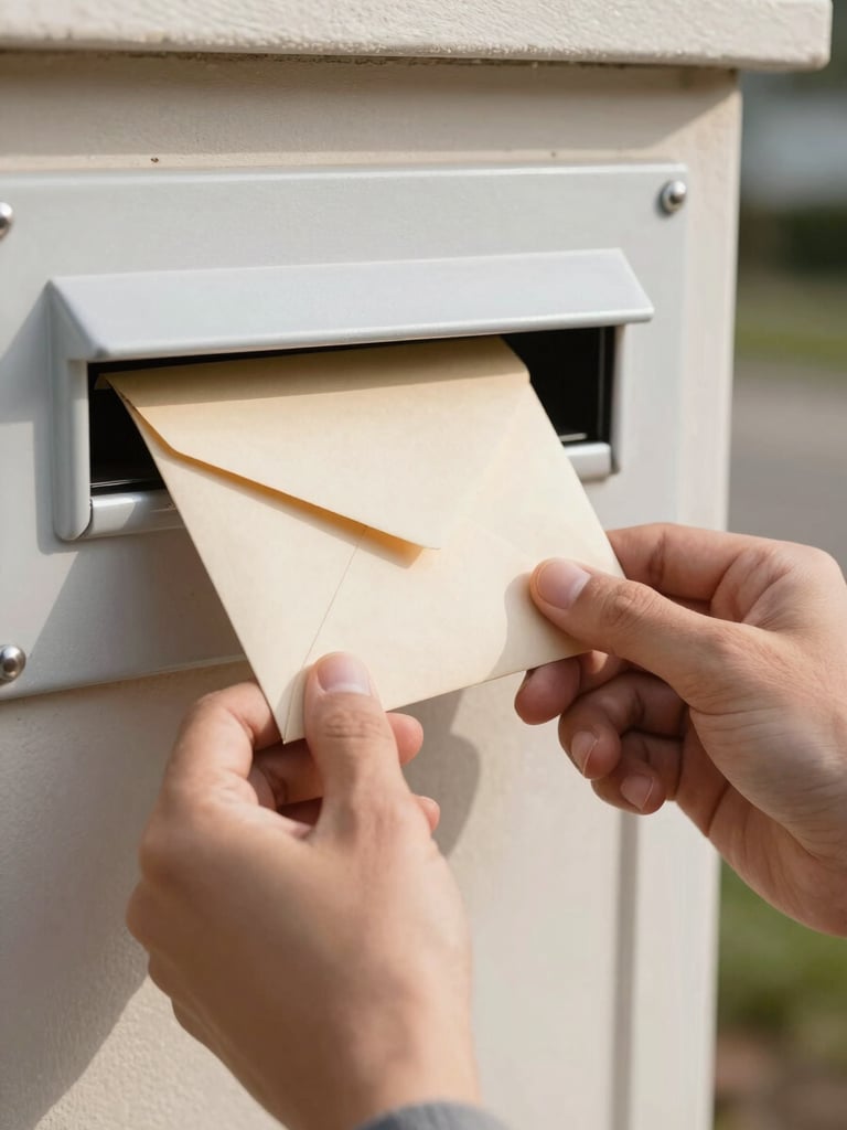 Close tight frame of two hands pulling a postcard from a residential mailbox slot, soft north-facing daylight, warm off-white envelope visible in the background, no faces
