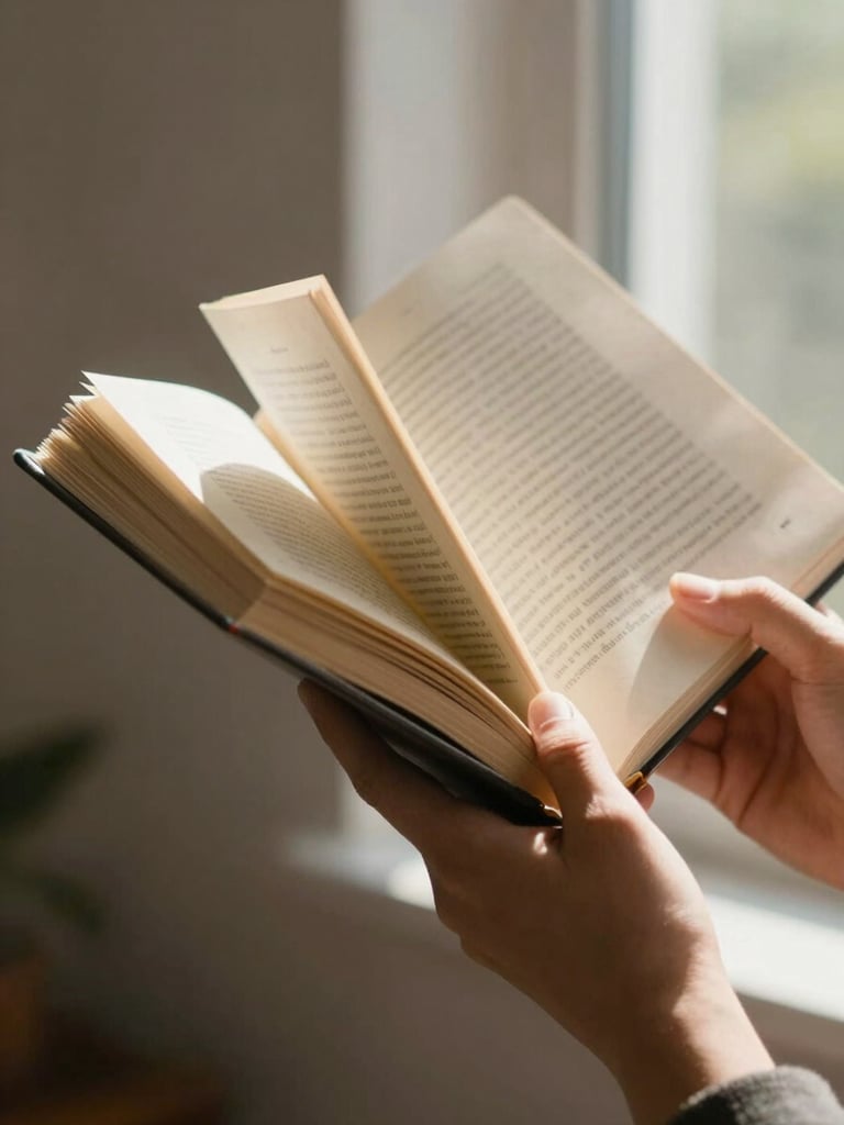 Tight vertical frame, two hands holding an open book, pages spread wide under soft north-facing window light, paper texture and printed lines clearly visible, warm daylight catching the page edges, nothing staged