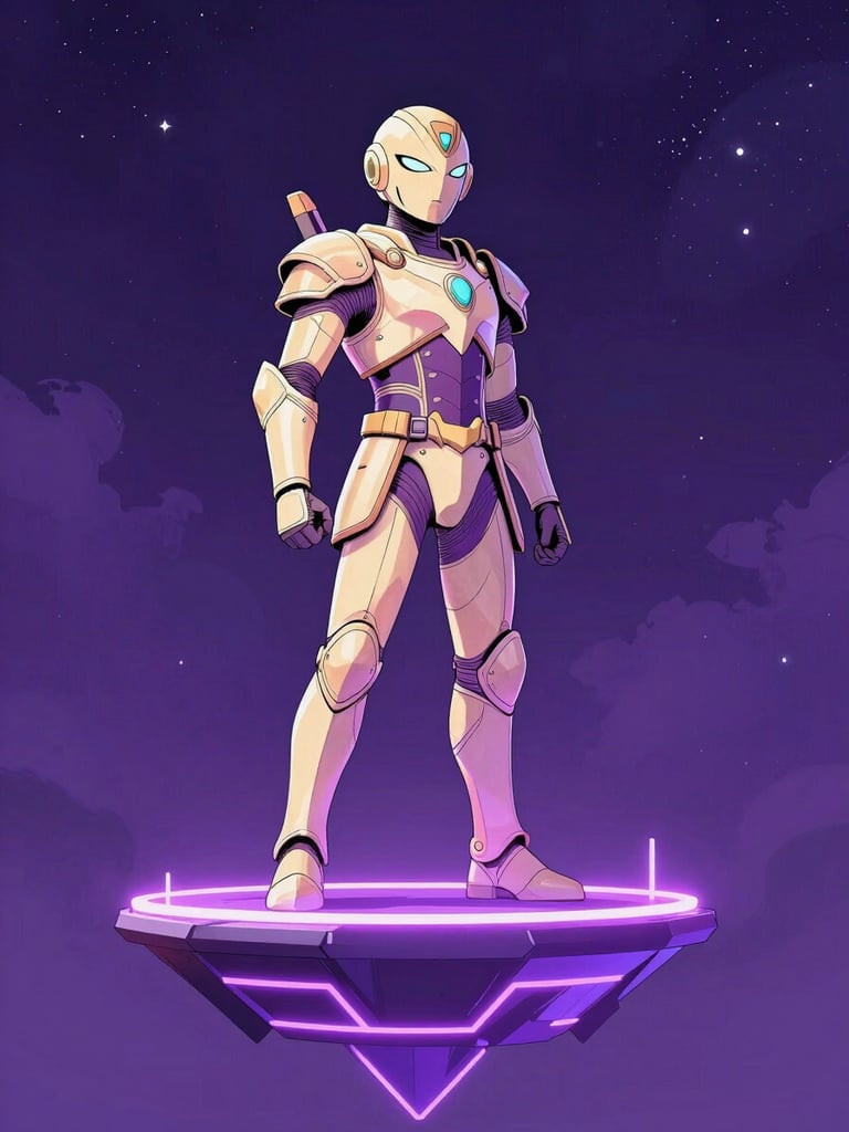 Tall portrait-format comic book cover design, a tiny armored hero standing on a floating neon-lit platform against a deep violet cosmic sky, bold graphic linework, warm pastel and electric purple palette, clean studio lighting with no shadows