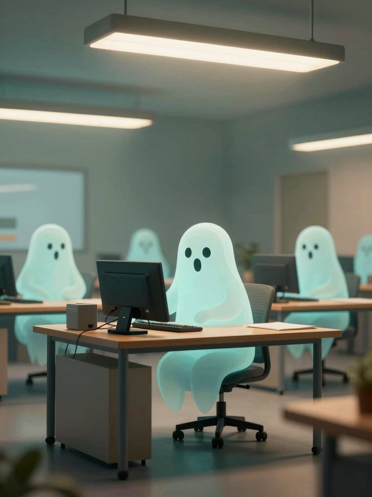 Portrait-format haunted office scene illustration, translucent ghost employees at floating desks under flickering fluorescent light, muted teal and warm amber palette, playful cartoon style with clean graphic linework, even flat studio lighting