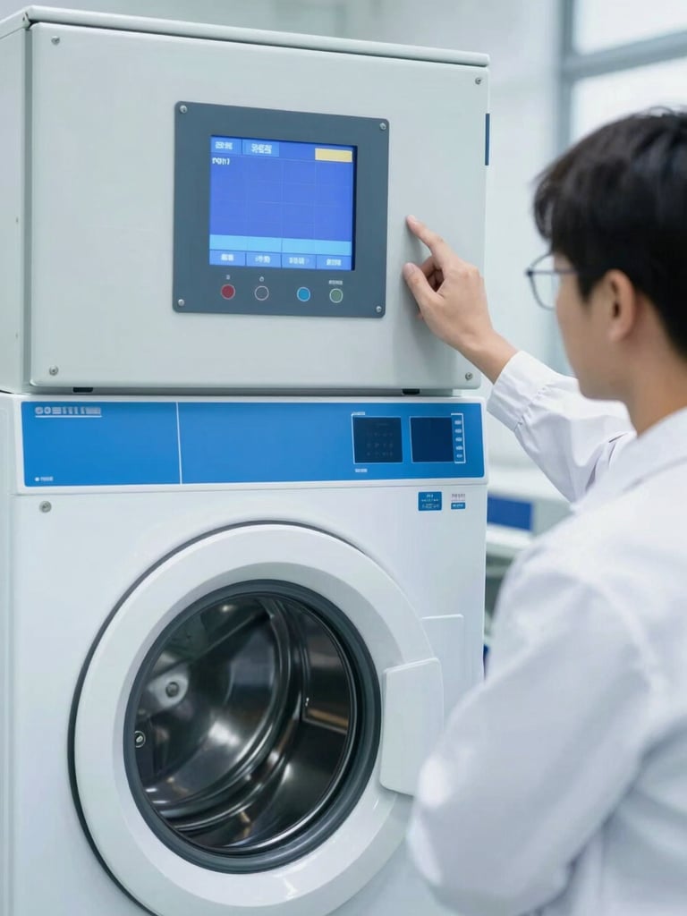 Close-up of a technician in a clean white uniform monitoring a digital control panel of an industrial washing machine, cool white light, ocean blue accents, sharp focus.
