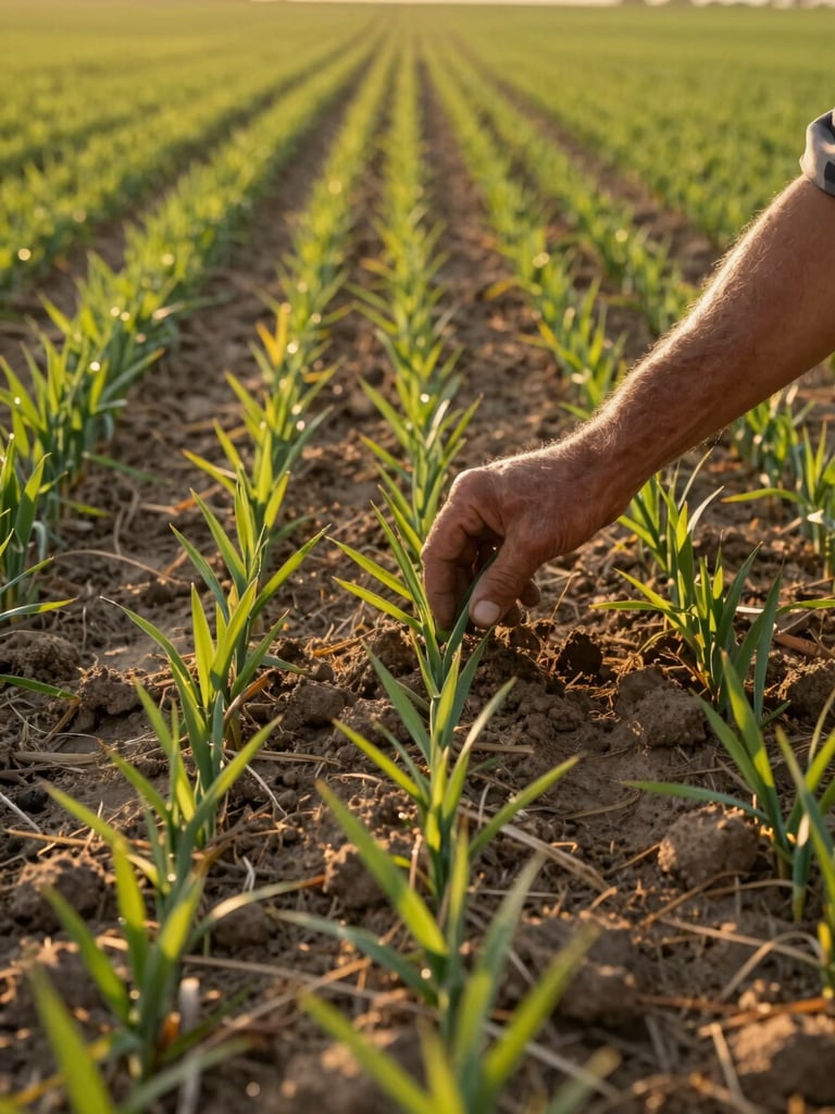 Wide-angle field at golden hour, a farmer's hands parting rows of young wheat crop to inspect the soil below, warm amber light raking across the furrows, dry earth visible in close foreground, horizon of green crop rows receding behind