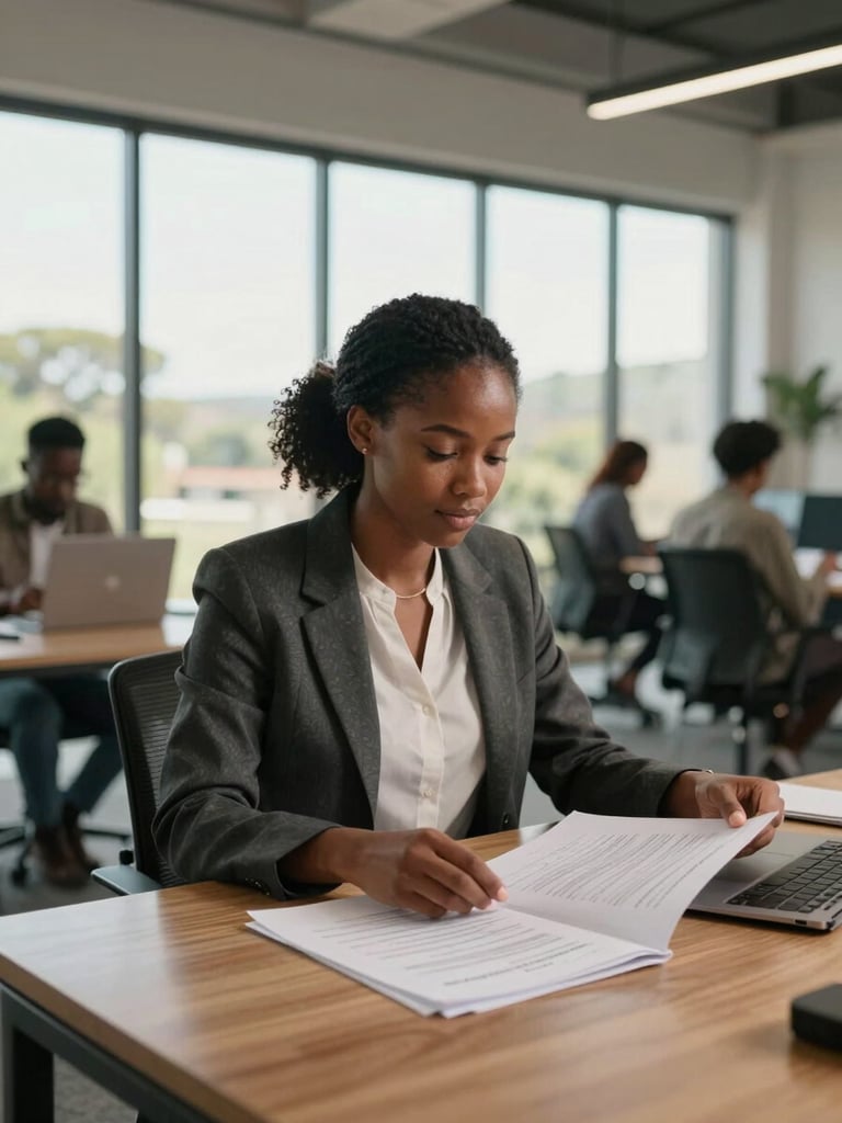 Wide environmental shot inside a modern open-plan African office, a young professional woman in her late twenties reviewing documents at her desk, natural north-facing daylight through floor-to-ceiling windows, colleagues visible out of focus in the background, warm interior tones, hands resting on printed pages, calm focused expression — no posed smile, no studio lighting
