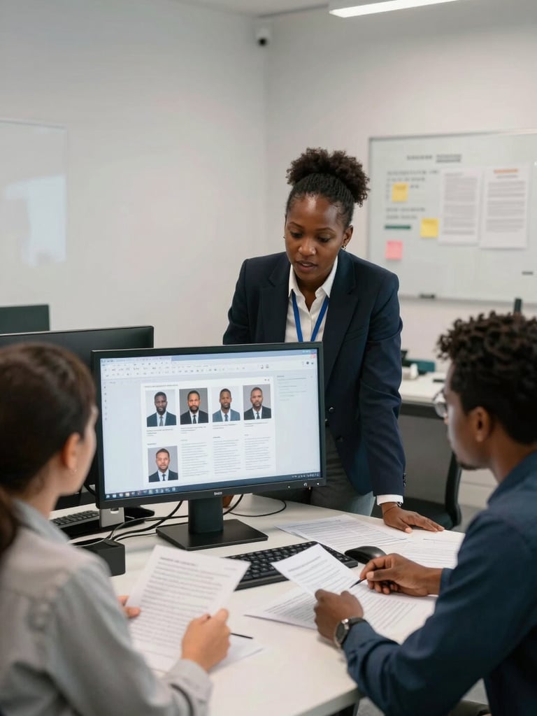 Wide environmental shot, north-facing office light — an African HR director and two colleagues gathered around a large monitor reviewing candidate profiles, documents spread on the desk, a whiteboard with notes visible in the background; candid mid-conversation moment, no posed smiles
