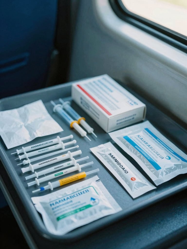 Close-up of clean harm reduction supplies (sterile needles, alcohol swabs, naloxone kit) neatly arranged on a tray inside the mobile outreach van, natural light, cool blue tones.