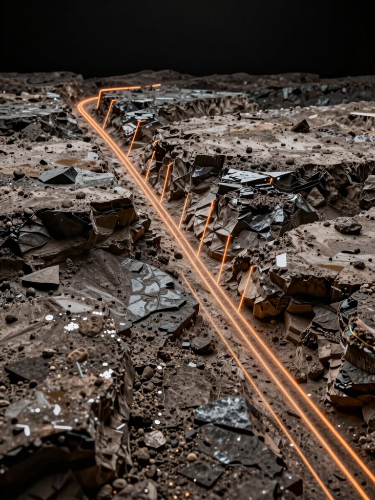 Technical diagram of sub-surface geological mapping, neon radar lines scanning raw rock layers, high-contrast dark background