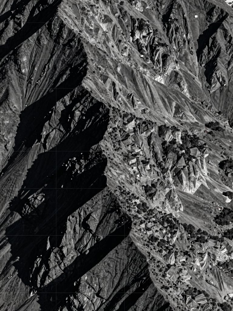 High-resolution satellite monitoring view of a rugged mountain ridge, sharp shadows, technical coordinate lines overlay, deep slate tones.