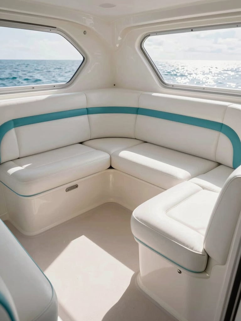 Wide shot of a finished boat cabin interior, clean white marine vinyl seating with teal accent stitching, unoccupied, strong daylight streaming through portholes, no people