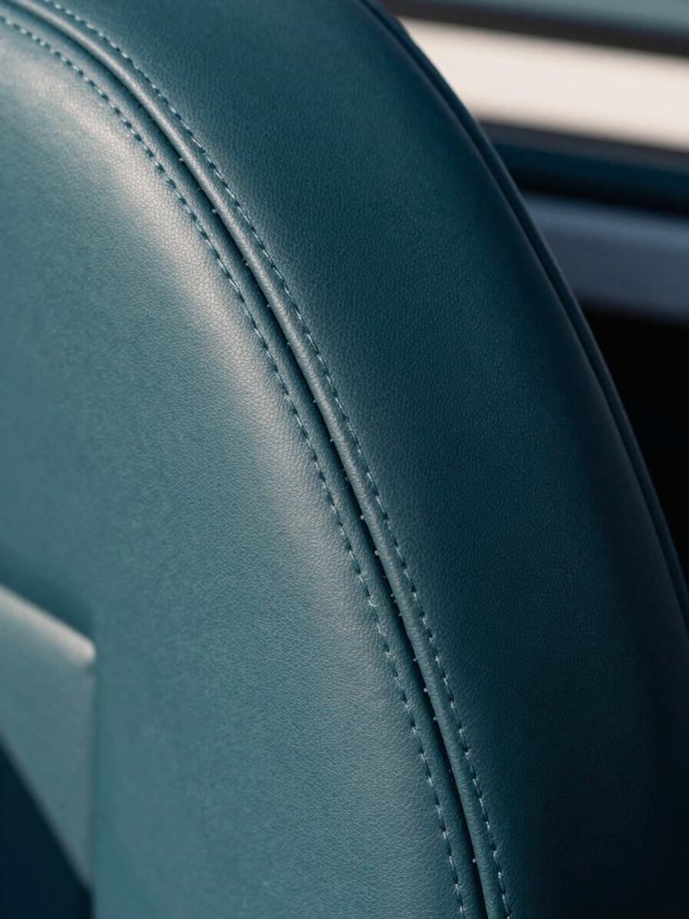 Extreme close-up of tight marine vinyl stitching on a dark teal boat seat, double-lock seam visible under strong north-facing daylight, thread detail sharp against the textured surface, no people