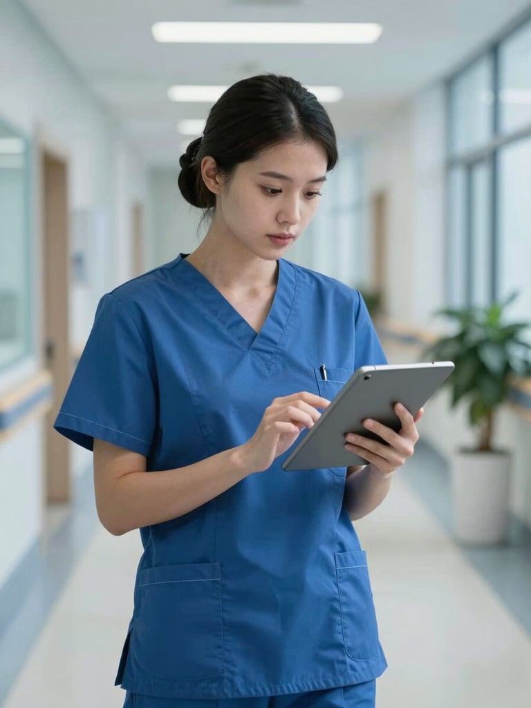A focused nurse in blue scrubs reviewing clinical data on a tablet in a modern hospital hallway, cool clean daylight, professional depth of field.