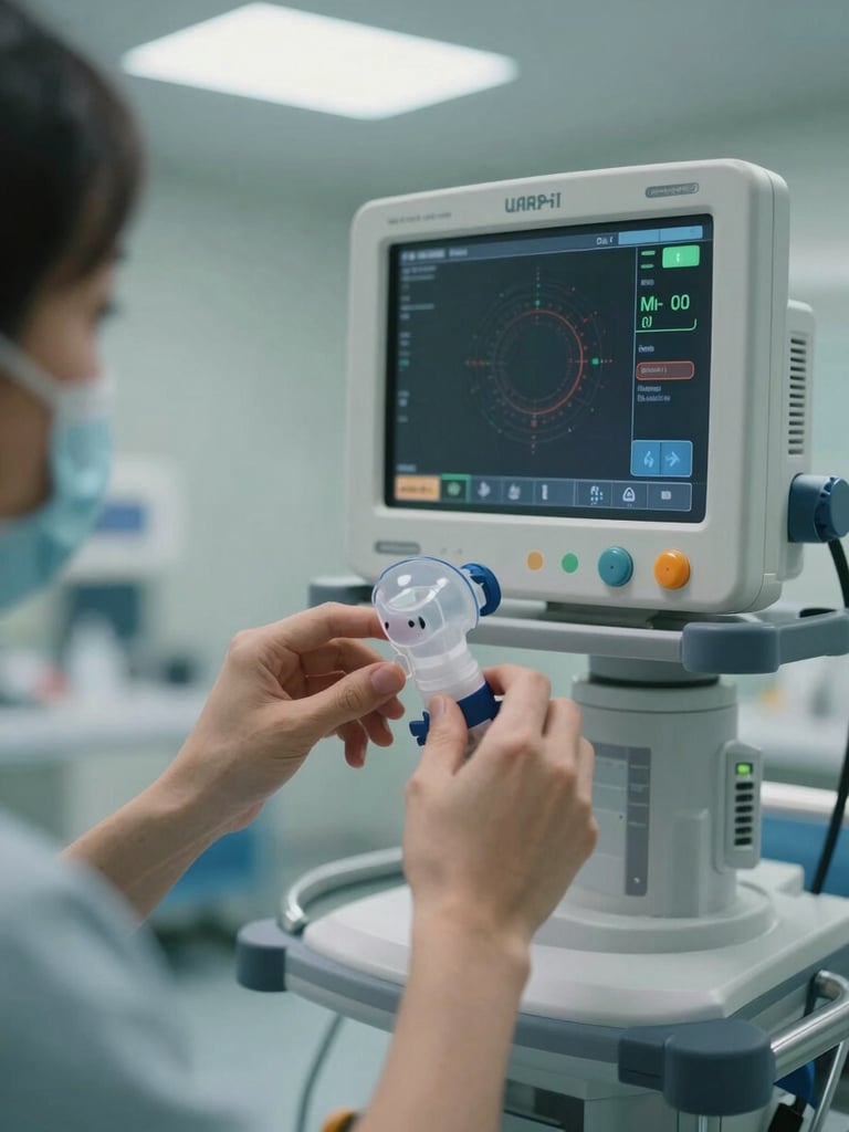 Close-up of focused hands setting up a modern clinical ventilator monitor in a clean, sterile hospital environment, cool fluorescent lighting.