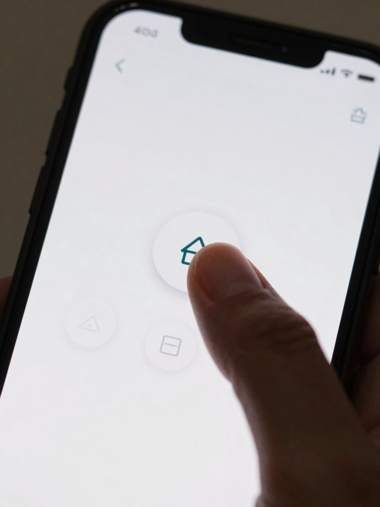 Close-up of a single finger tapping a minimal Android UI button on a phone screen, soft indoor daylight, shallow depth of field, clean white interface visible on screen, no distractions