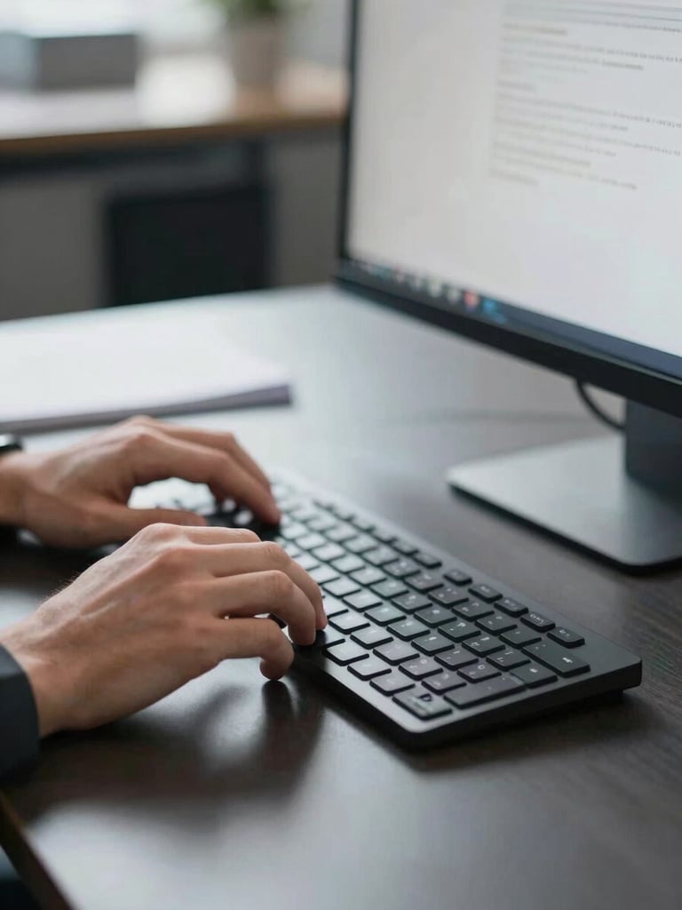 Close-up of a focused professional at a minimal dark desk, hands resting near a keyboard, monitor glow reflecting on the surface, clean studio lighting, Swiss office environment, no face visible — hands and workspace in sharp detail