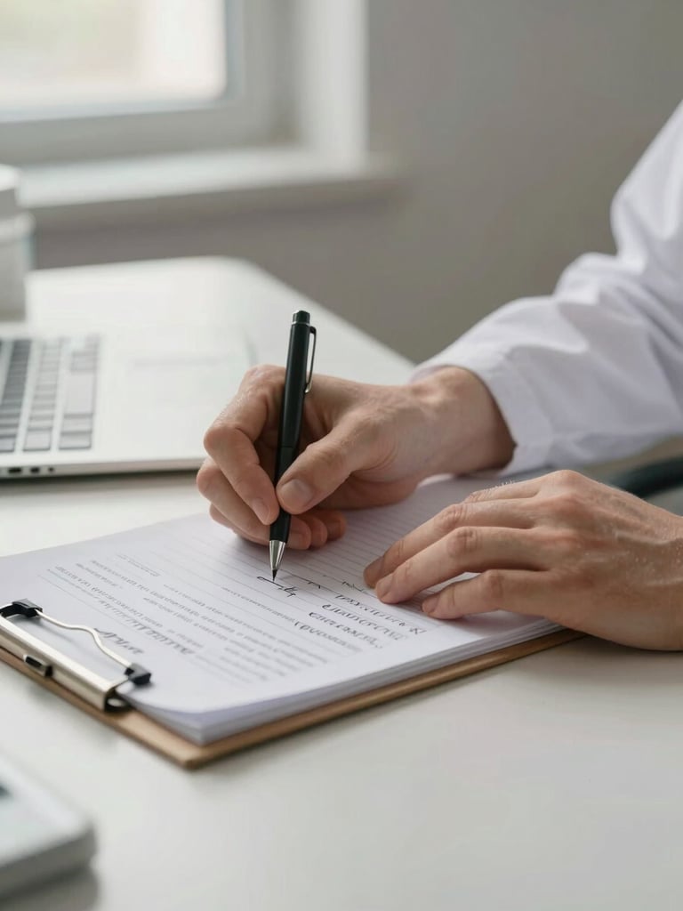 Close-up detail of a clinician's hands reviewing handwritten clinical notes on a consultation desk, a printed assessment form partially visible beneath, warm soft window light from the side, clean minimal clinic surface, calm and precise atmosphere