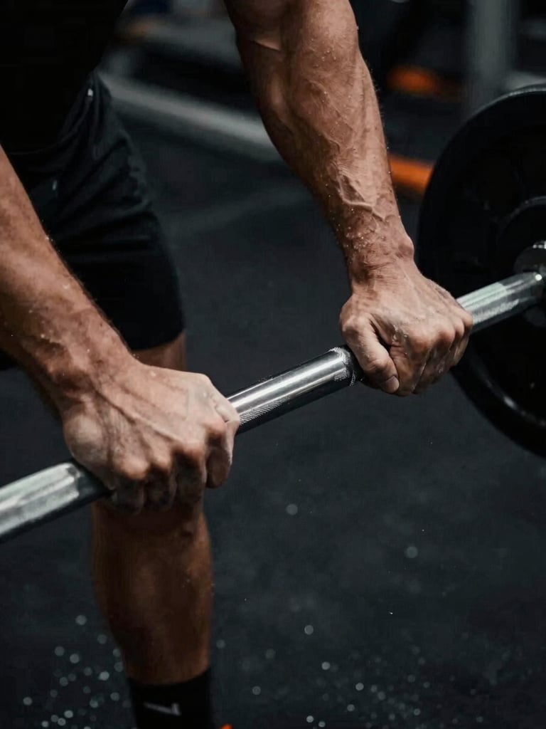 Close-up of hands gripping a knurled steel barbell, chalk dust in the air, high-contrast dramatic lighting, deep shadows, desaturated tones, 35mm film.
