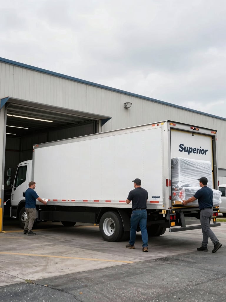 Wide side-angle shot of a Superior Moving truck backed up flush to a loading dock in even overcast daylight, crew members carrying wrapped furniture up the ramp, concrete industrial bay visible in the background, strong horizontal framing
