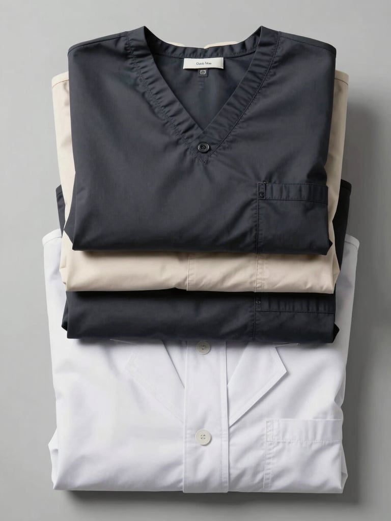 Overhead flat-lay of a finished stack of neatly folded institutional uniforms sorted by category — deep charcoal scrubs beside cream lab coats beside white school shirts — on a clean light-grey surface under bright even studio light, extreme overhead framing with full fabric texture detail visible