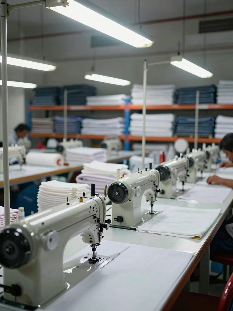 Wide environmental shot of a production floor in Kolkata — rows of sewing machines under bright overhead fluorescent light, bolts of institutional-grade fabric stacked on shelving units in the background, no workers visible, focus on the scale of the operation and the ordered arrangement of materials