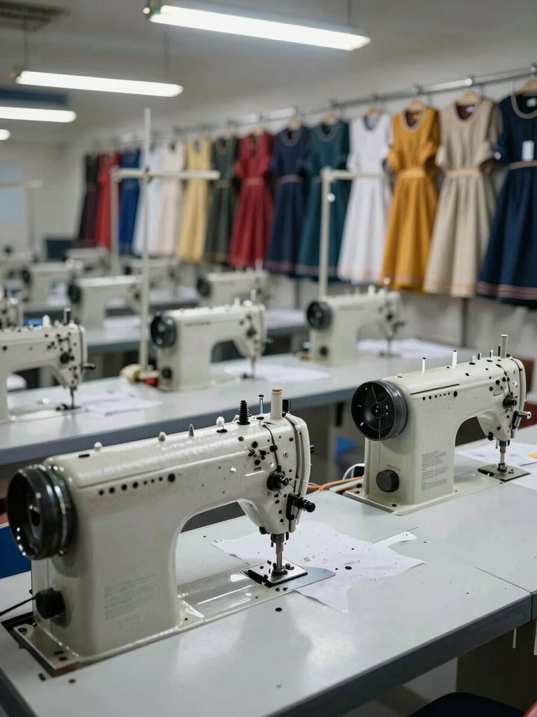 Wide environmental shot of a production floor interior in Kolkata, rows of industrial sewing machines in operation, finished uniform components hanging in sorted batches along the far wall, bright overhead factory lighting, no workers' faces visible—focus on the machines and fabric in-progress