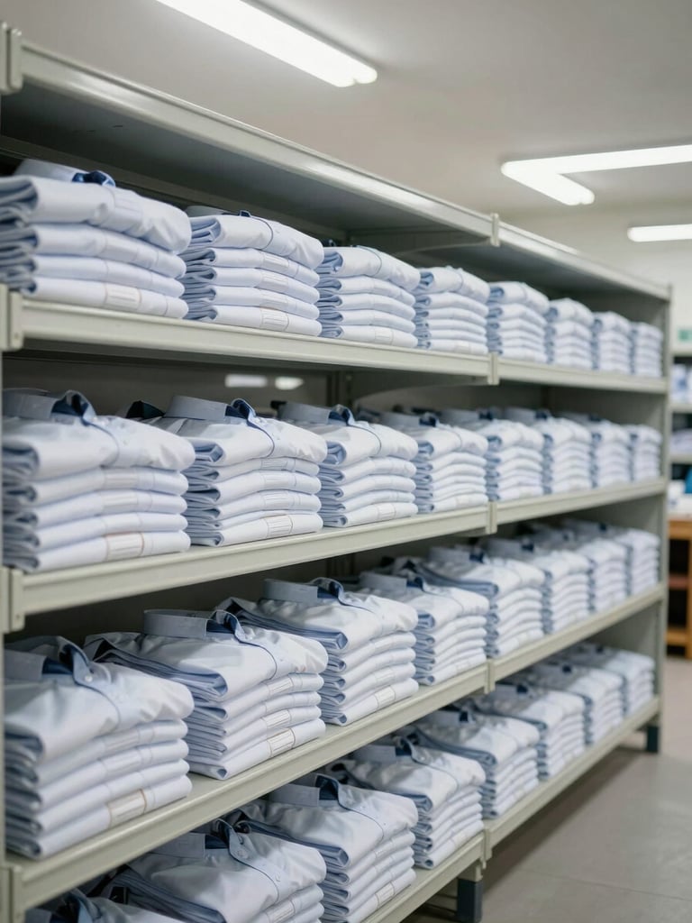 Finished school uniforms sorted by size and stacked in clean rows on open shelving in a production storage area, shot wide under bright overhead fluorescent light, each pile precisely folded, labels visible, neutral grey shelving units in the background