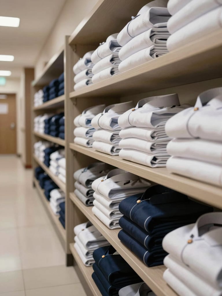 Wide panoramic view looking along a hotel corridor, folded stacks of finished staff uniforms and pressed housekeeping tunics arranged in clean sorted rows on a wide shelf at the right edge of frame, bright even studio light, full detail on fabric surface and seam lines, no people present