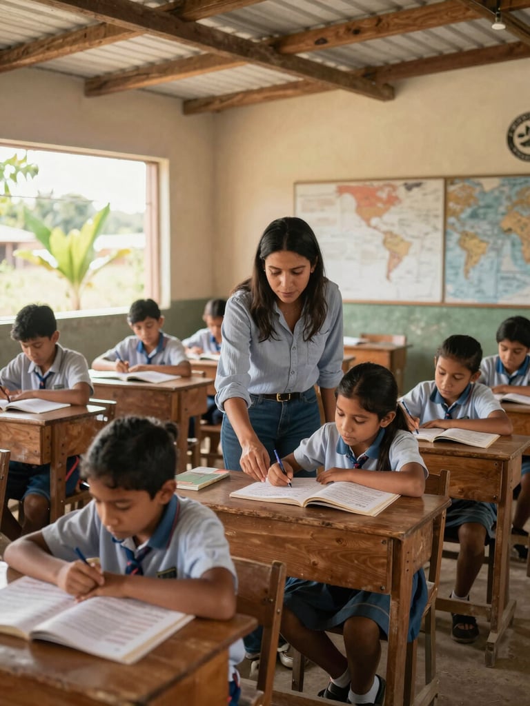 Warm natural daylight illuminating a rural school classroom in Latin America, a teacher guiding children over educational books, wide-angle environmental portrait, authentic and unposed.