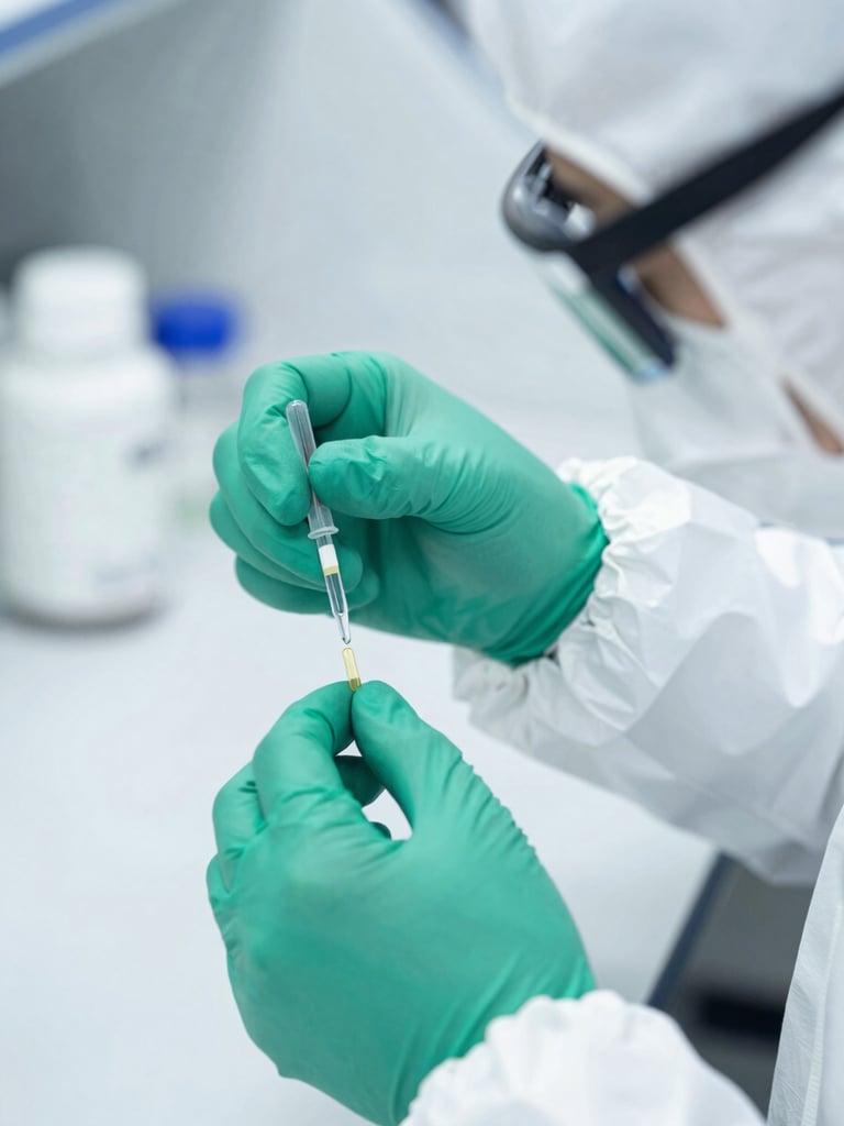 Technician in full cleanroom PPE performing a precise laboratory test on a supplement sample, with sterile equipment and bright, high-key lighting. Macro focus on the sample.