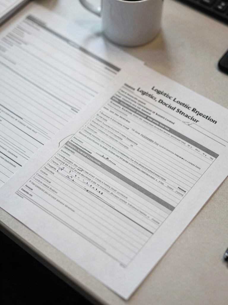 Close overhead shot of a logistics cost-tracking document spread across a table, annotated with handwritten notes and a printed route performance breakdown, fluorescent office lighting, a coffee mug at the edge of frame — no people, no branded materials visible