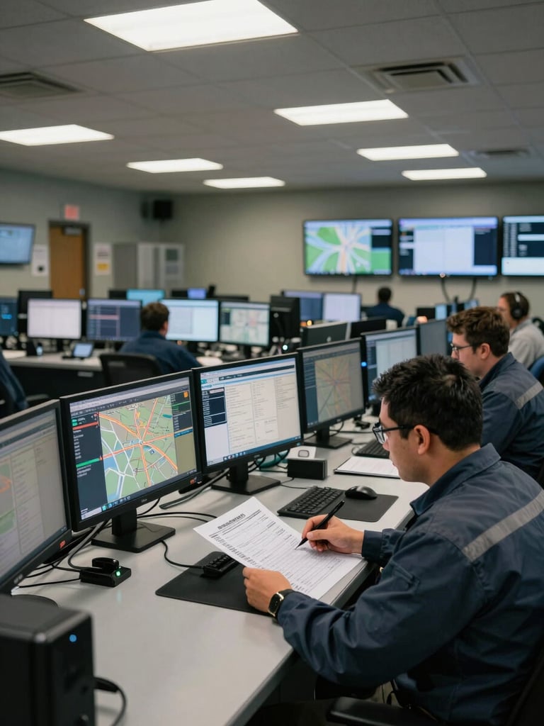 Environmental medium-wide shot of an active dispatch center at 6 a.m. — rows of monitors displaying route maps and load data, two operators in work clothes reviewing a printed cost sheet at a standing desk, fluorescent overhead lighting, industrial ceiling tiles visible, no staged poses