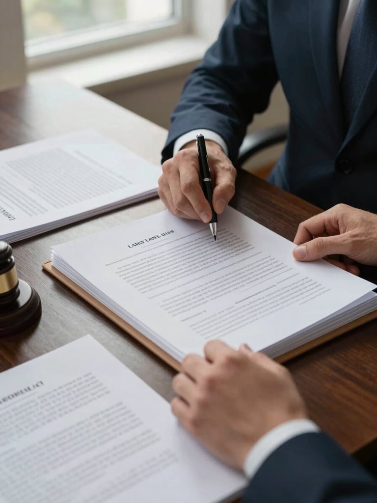 Close-up documentary shot of a lawyer's hands reviewing a labor law case folder on a dark wood desk, natural north-facing window light, official court documents visible, organized and purposeful